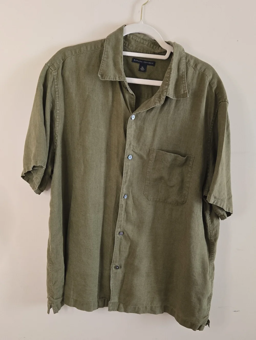 Banana Republic Army Green Linen Shirt XL Mens Short Sleeve Button Down Utility